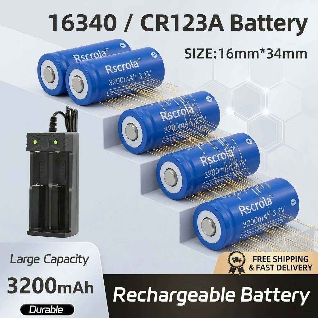 

GTF 16340 Rechargeable Battery 3.7V 3200mAh Li-ion CR123A Batteries with Charger for LED Flashlight Headlamp Toys Mouse
