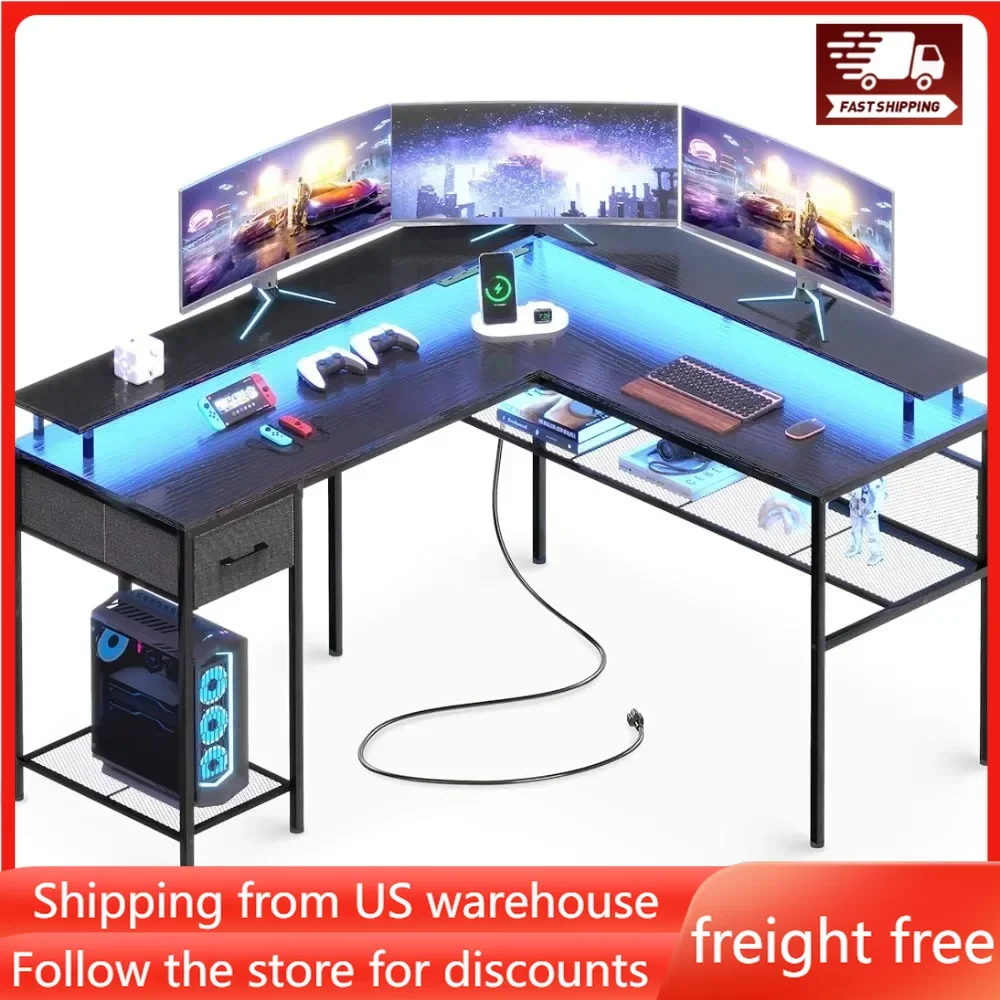 

L Shaped Desk with LED Lights & Power Outlets Computer Desk with Storage Shelves Sturdy and Solid Construction Free Delivery