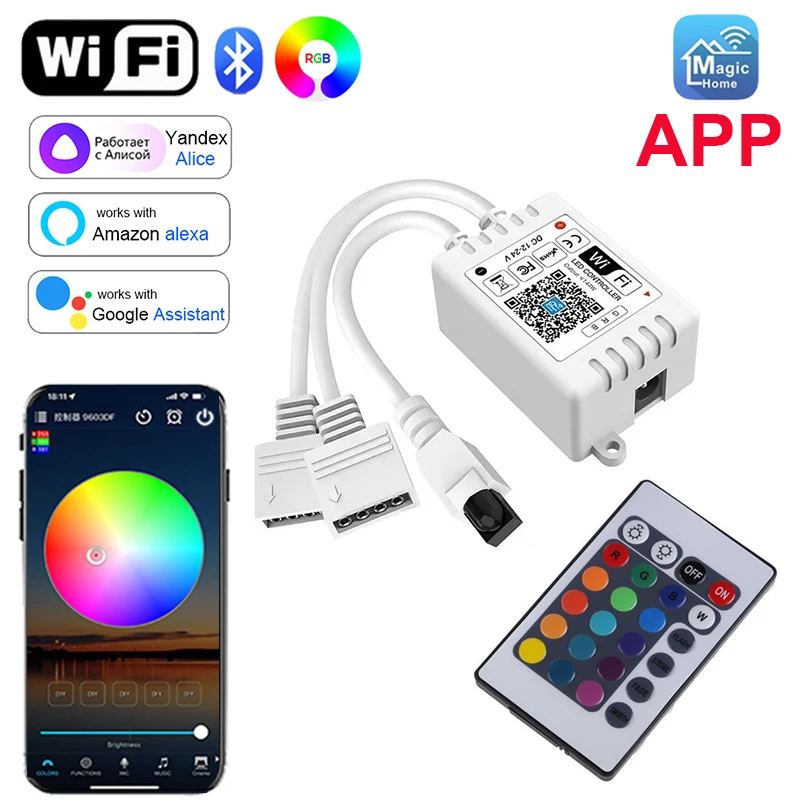 

WiFi Smart APP RGB LED controller with 24key IR remote Voice Smartphone APP Control DC12V For 2835 5050 RGB LED strip light