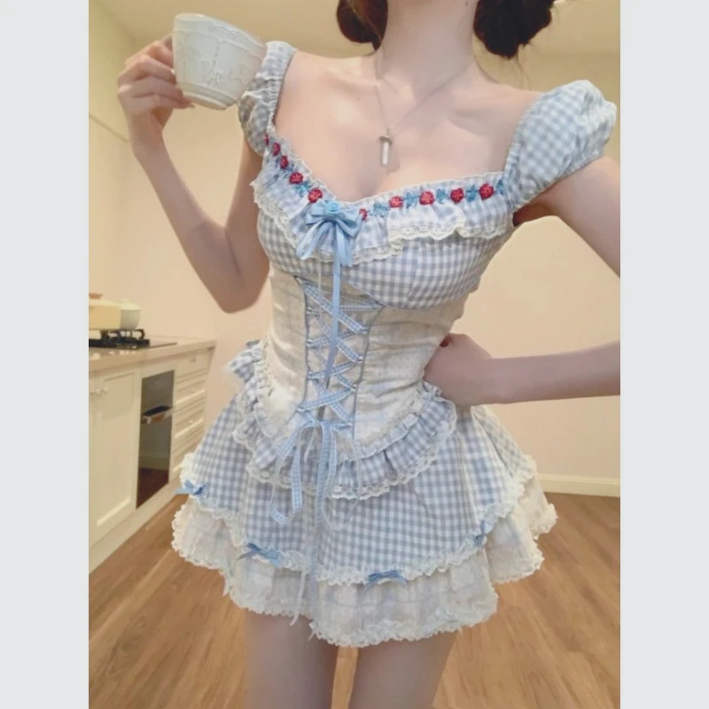 

French Sweet Design New Lace Bow Top Summer Thin Plaid Puffy Skirt Two-piece Set Perizoma Donna Sexy Hot Xxxxl Putana
