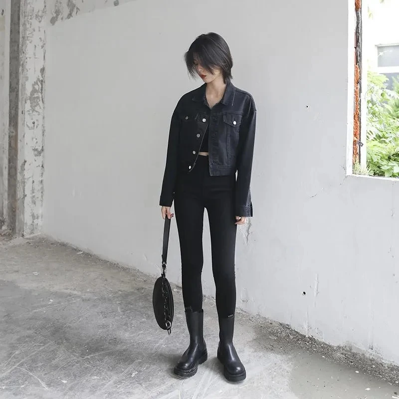 Womens Jackets Womens Coat Spring Vintage Street Loose Black Denim  Long Sleeve Top Versatile Outerwear
