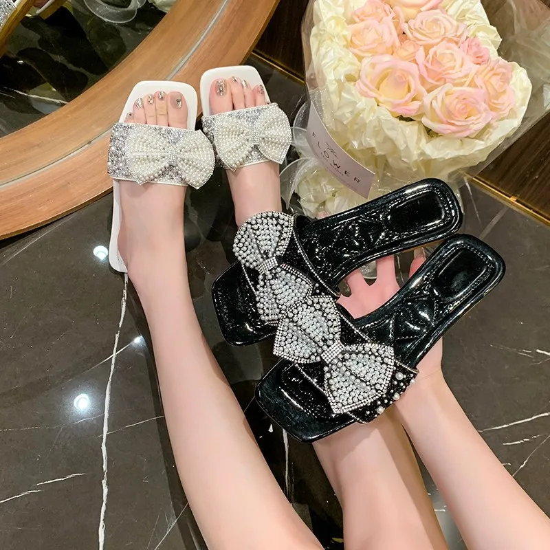 Chic Pearl - Rhinestone Bow Slides | Glamorous & Eye - Catching, Perfect for Party & Fashion Looks