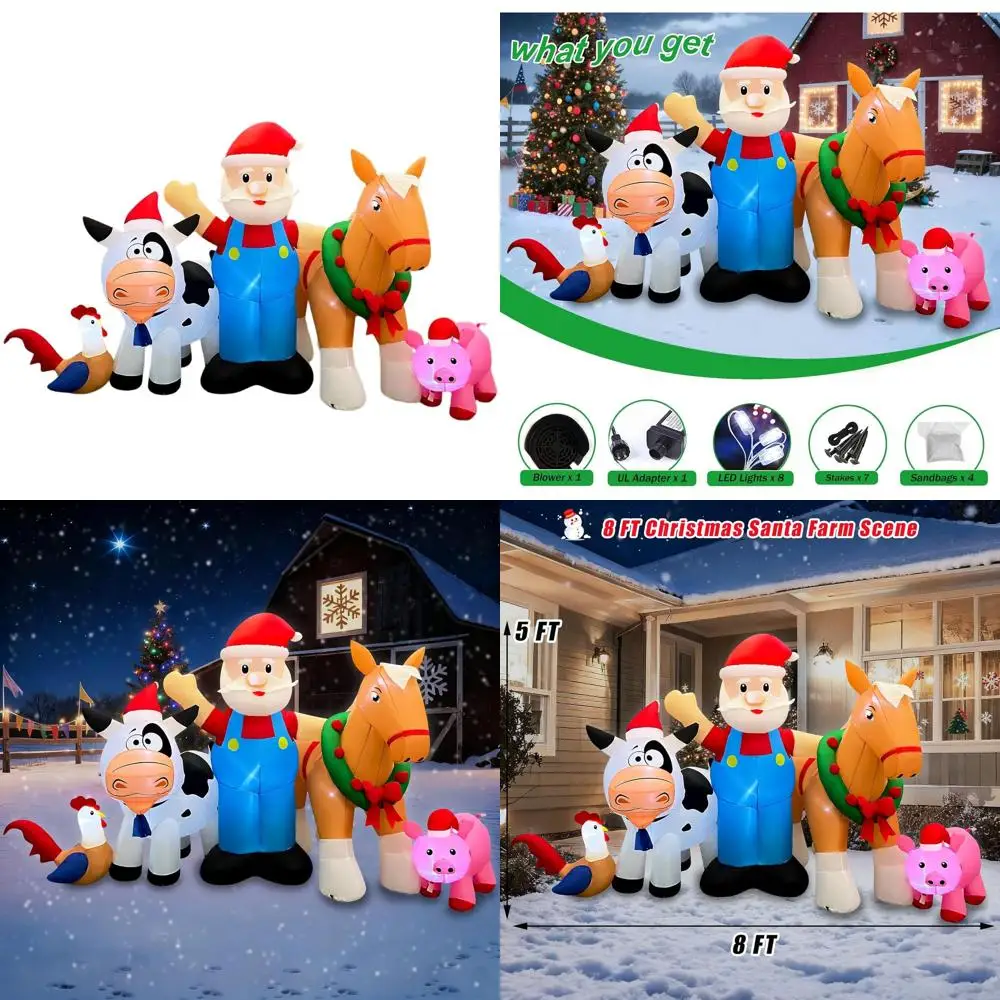 8-Foot LED-Illuminated Inflatable Santa Farm Scene with Horse, Pig, Cow, and Rooster for Holiday Decor