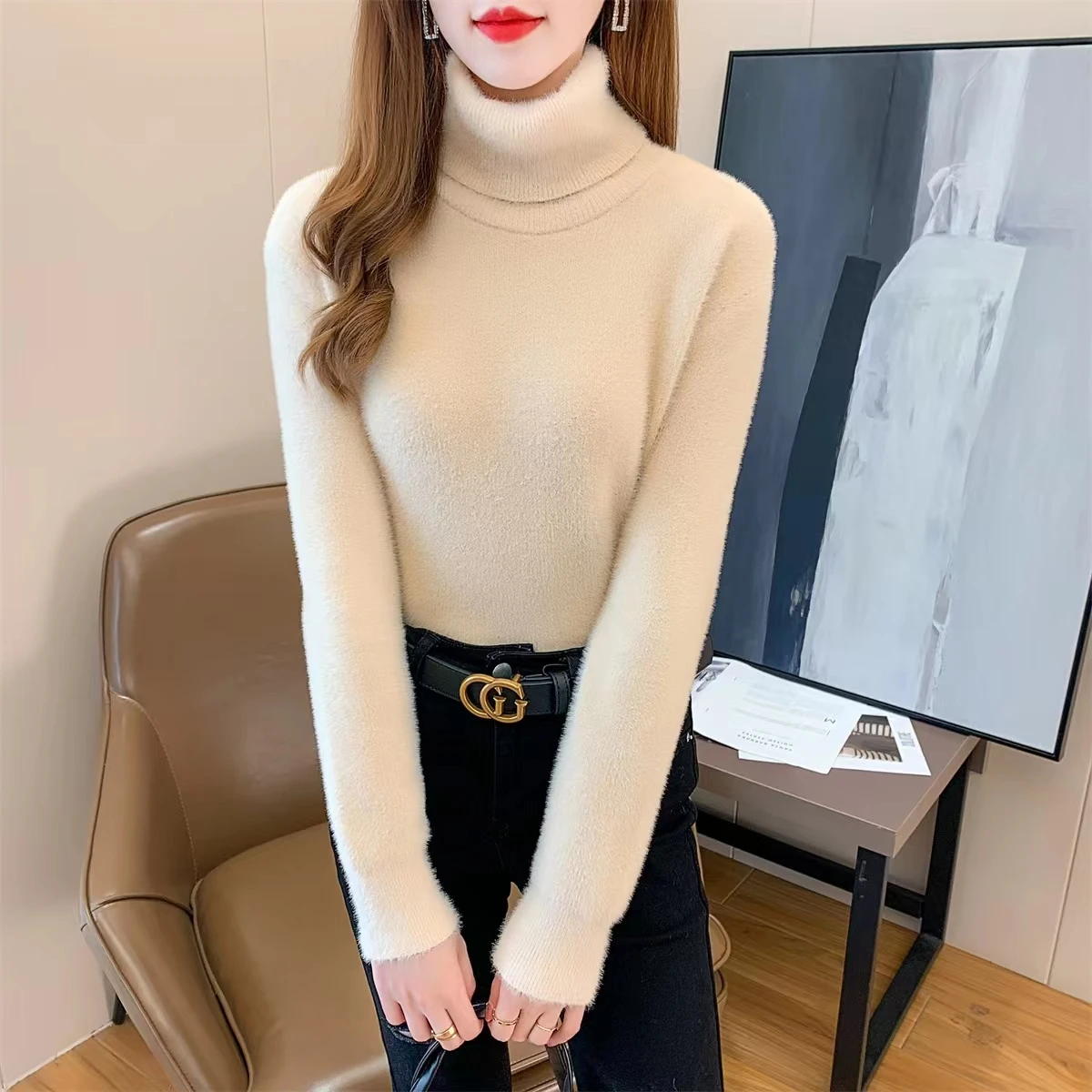 

Женский свитер с высоким воротником из искусственного меха норки, утепленный, осенне-зимний, модный, базовый слой, внутренняя одежда