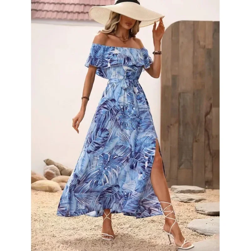 2024 Zomer Mode Nieuwe Gedrukt Jurk Vrouwen Elegante Een Lijn Kraag Verstoorde Lace Up Lange Rok Casual Resort Stijl Strand jurk