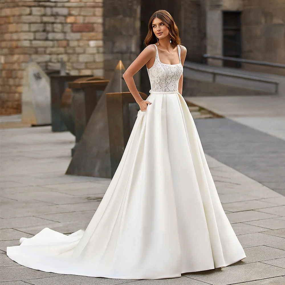 BOHO Wedding Dresses Backless Square-Collar A-Line Sleeveless Satin Bridal Gowns Applique Bow Belt Robes 2024 Vestidos De Novia