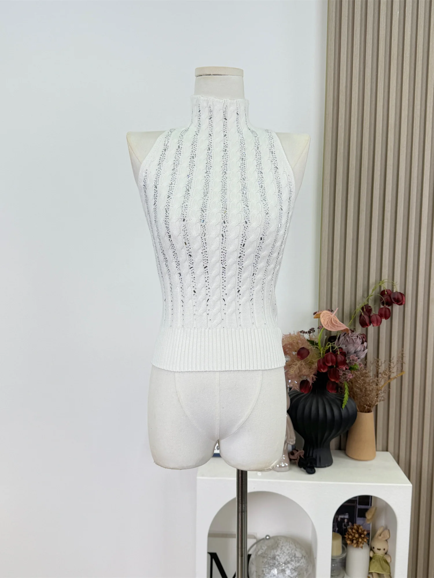 White Diamond Knitted Sleeveless Sweater Women's Style Galaxy Floating Ice Silver Line A-Line Narrow Shoulder Strap Vest Top