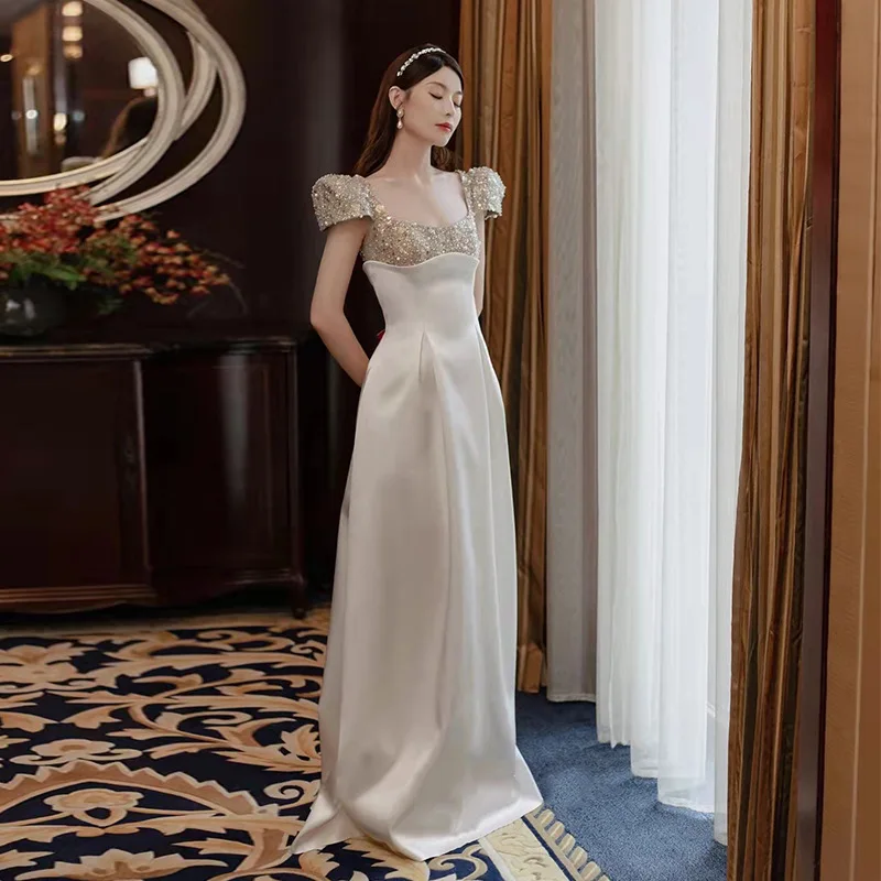 

Champagne Beading Prom Dress Cap Sleeves White Satin Wedding Party A Line Long Formal Banquet Evening Celebrity Gown