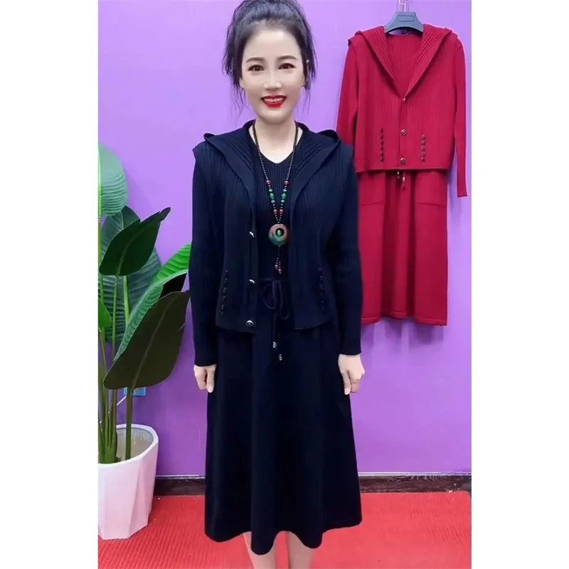 Autumn And Winter New knitted Dress Two-piece Vest Slimming Women\'s Temperament Versatile Hooded Dress