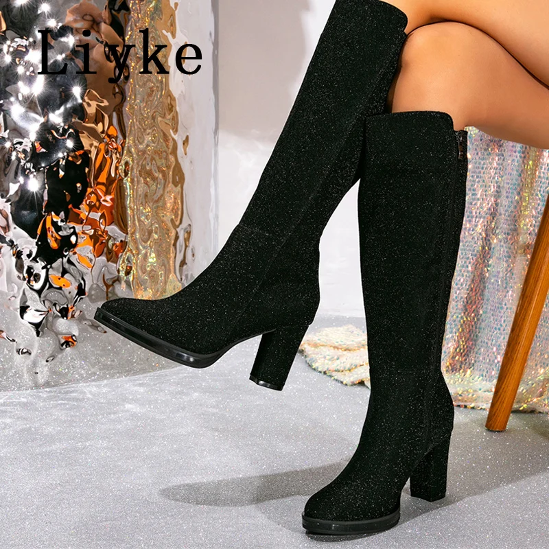 

Liyke/пикантные вечерние сапоги до колена для стриптиза на пилоне, женские блестящие сапоги до колена с круглым носком и молнией, осенне-зимняя обувь на низком квадратном каблуке