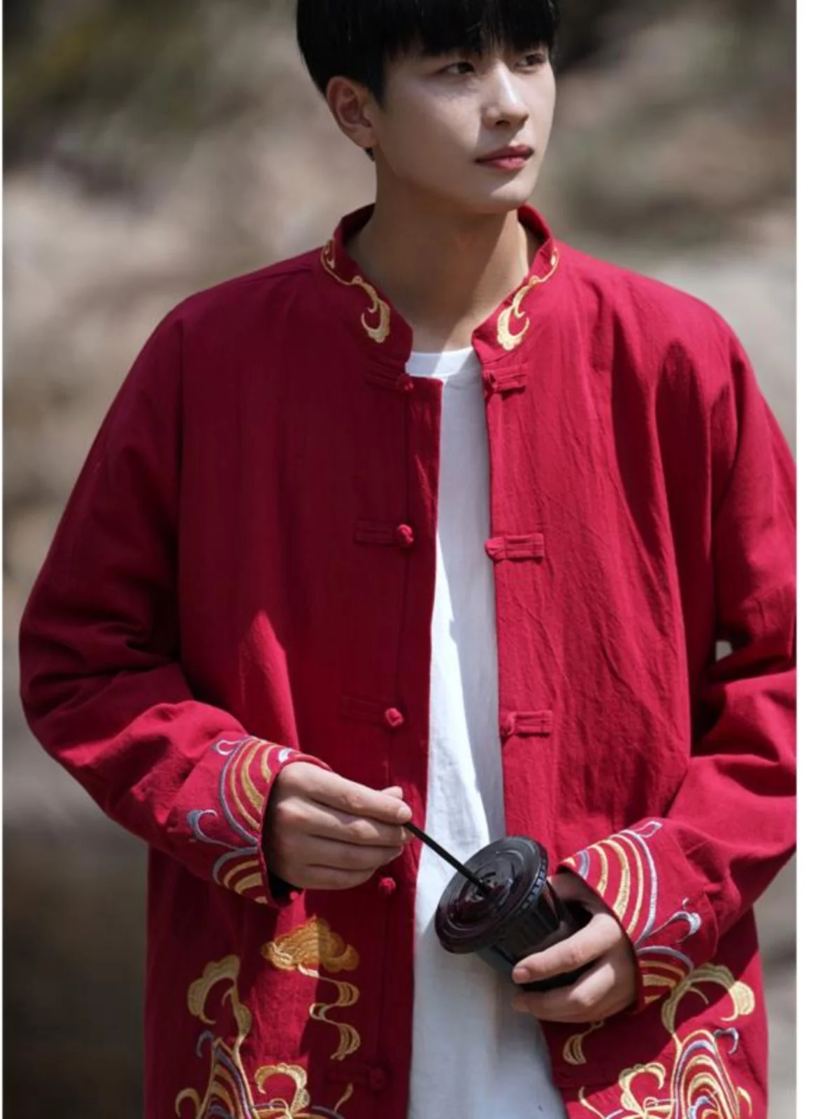 

Retro Embroidered Cotton Linen Jaet Men's Stand Collar Buttoned Tang Costume Large Size Youth Hanfu Outerwear Spring Autumn