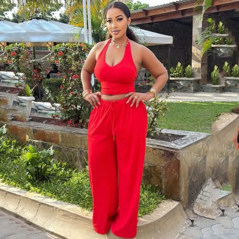 Women's African Style 2 Piece Set Red Halter Ruched Crop Top + High Waist Drawstring Wide Leg Pants Summer Vacation Outfits