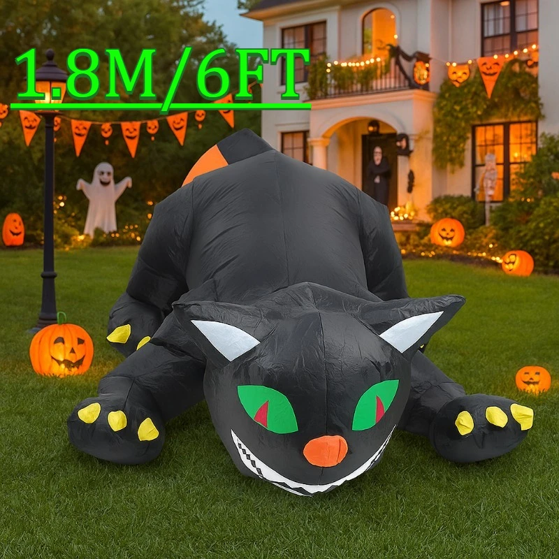 

6FT Outdoor Holiday Decorations Inflatable Model Halloween Shaking Head Cat Built-in Green Eyed Red Light LED Party Garden Decor