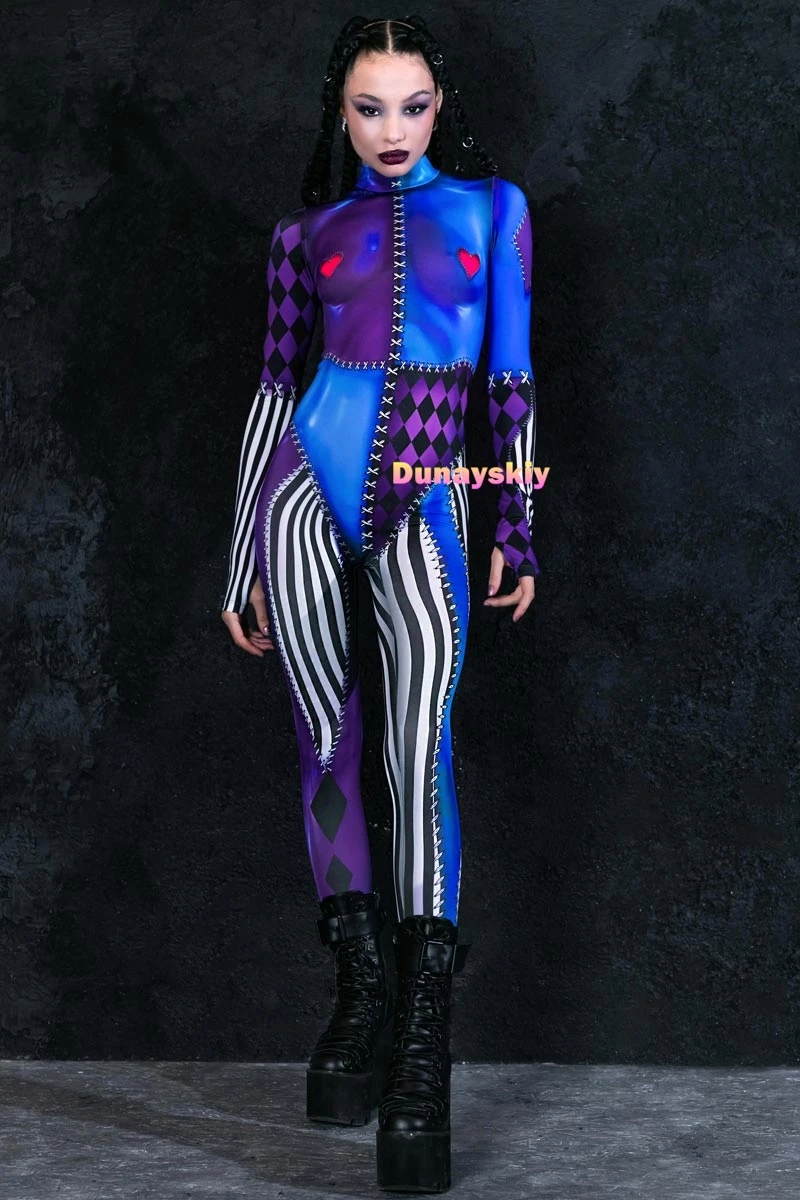 Costume de Cosplay Clown pour Femme, Catsuit, Combinaison d'Halloween, Sexy, Imprimé en 3D, Carnaval de Vacances, Zentai, Batterie, Tenue Féminine