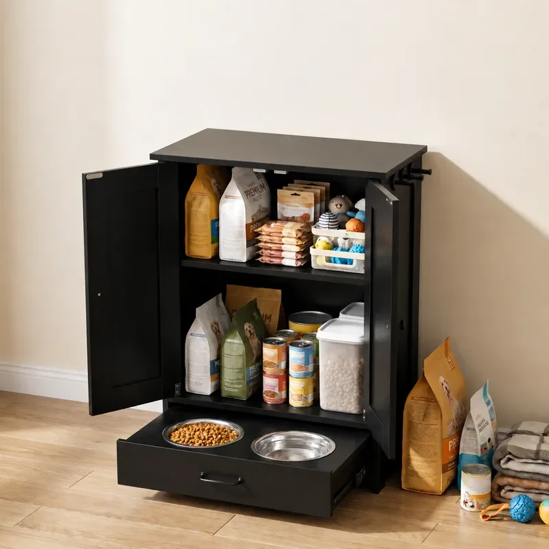 Wooden Pet Feeding Cabinet Dog Bowl Station Home Food Storage Locker Utensils for Dogs Cats