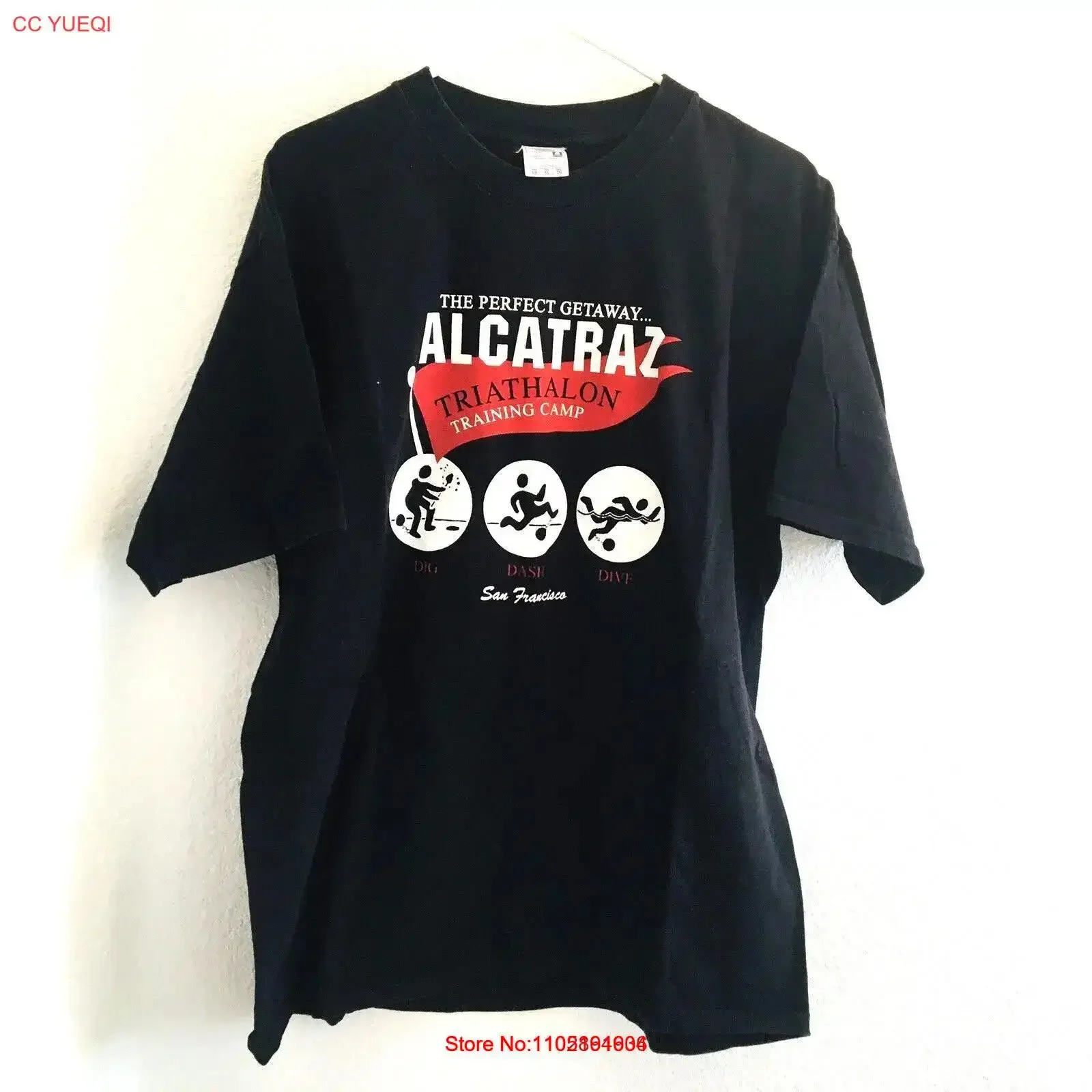 The Alcatraz Great Escape Triathlon San Francisco California Men XL T Shirt Black vintage Washed Unisex homme Stretched