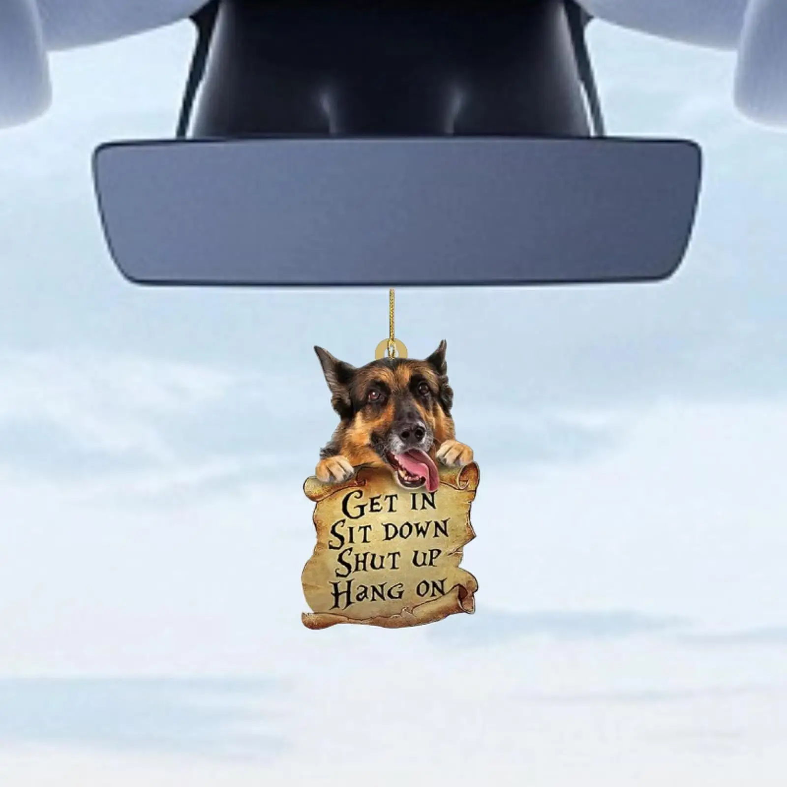 

Car Hanging Ornament Dog Get in Sit Down Shut up Hang on for Men Women 2D Animal Auto Decor Rear View Mirror Hanging Accessory