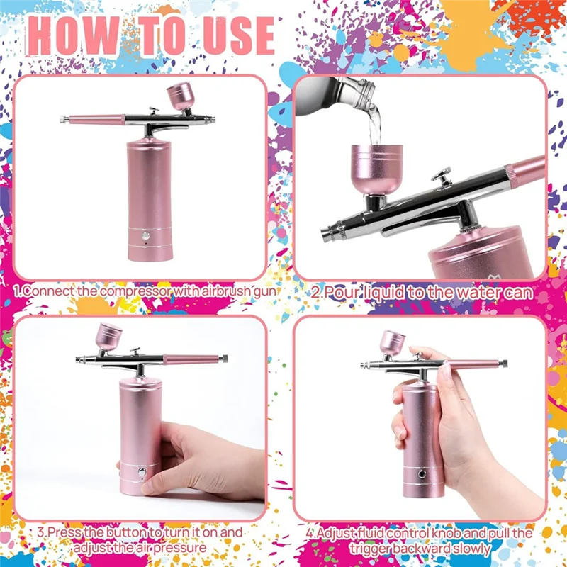 

TFORU-Airbrush Kit With Air Compressor&Gloves-27PSI High Pressure Airbrushwith Hose Wireless Airbrush For Model Painting Pink Du