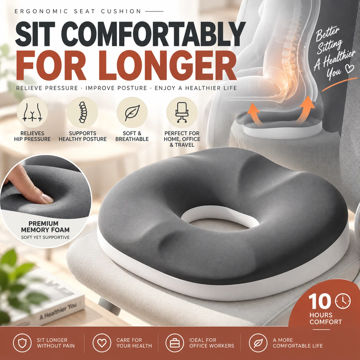 Hemorrhoid cushion, office long-sitting coccyx relief, maternity seat cushion, post-operative butt cushion, glute-shaping.