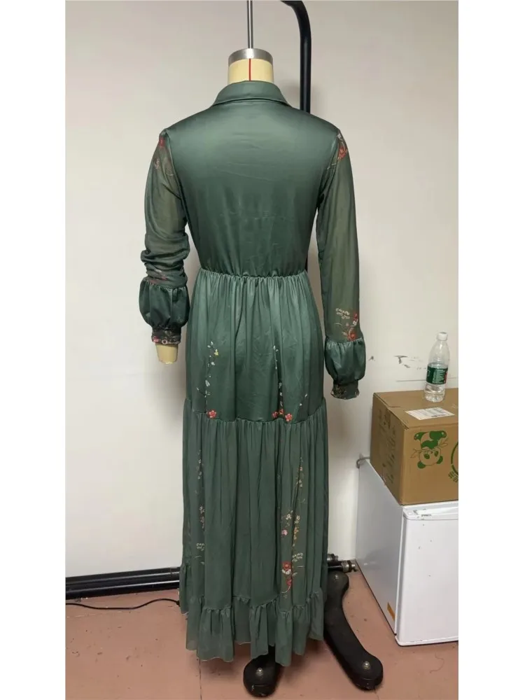 Étnico retro floral impressão plissado vestido longo primavera nova camisa gola botões vestido de festa feminino outono manga longa bohe maxi vestido