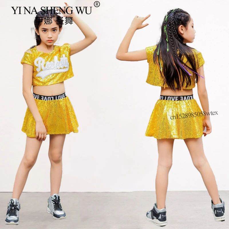 Roupas de dança jazz crianças meninas meninos lantejoulas colheita topo & saia/shorts conjunto líder de torcida dança de rua jazz palco desempenho traje