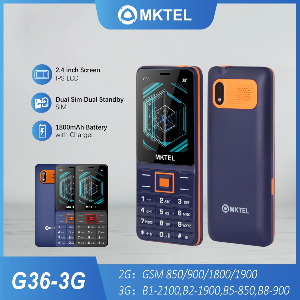 MKTEL G36-3G feature phone 2.4''screen Dual Sim Dual Standby 1800mAh Battery 2G3G network Support MP3MP4 FM Bluetooth