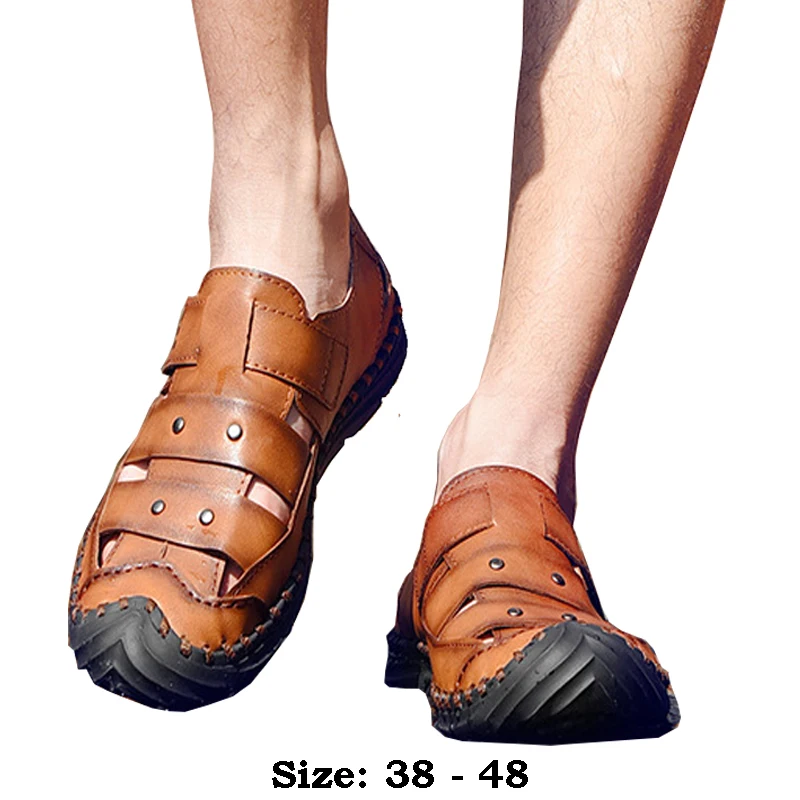 

High quality leather flat sandals for men round toes new summer 2024 size 47 48 casual outdoor walking big size shoe brown khaki