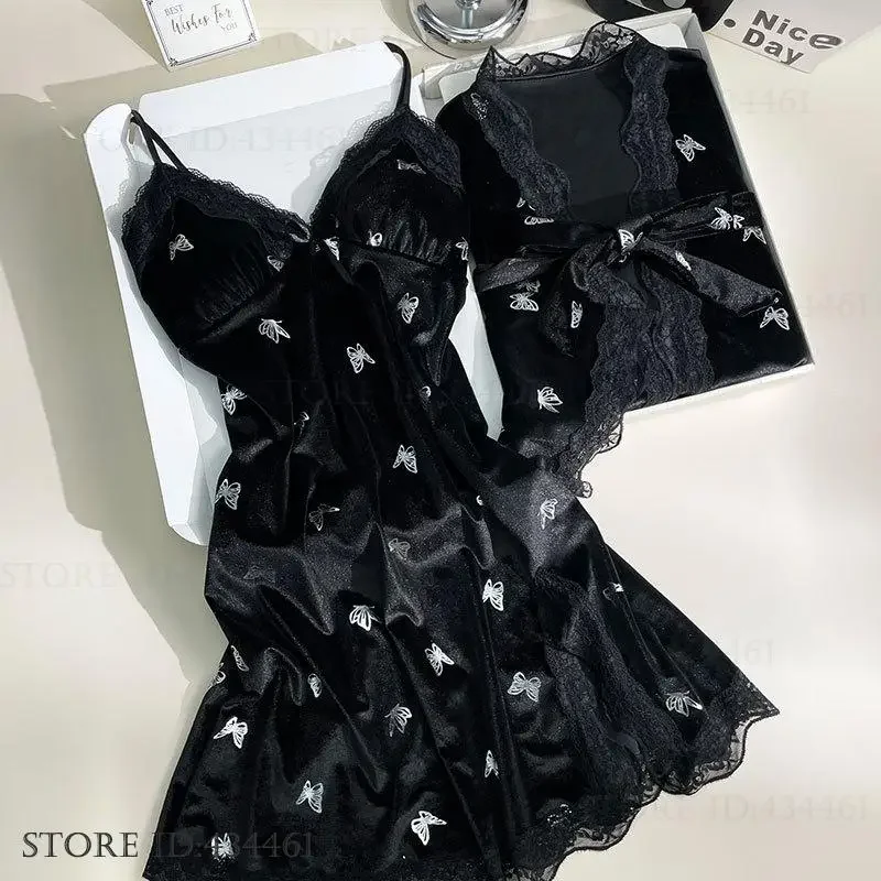 

Sexy Velour Twinset Robe Set Nightgown Autumn Winter New Women's Sleepwear Nightdress Loose Casual Velour Home Dress Loungewear