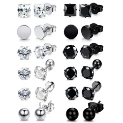 WKOUD 3-8mm Small Black Silver Color Earrings Stone CZ Crystal Ear Studs Surgical Steel Cubic Zirconia Helix Women Accessories