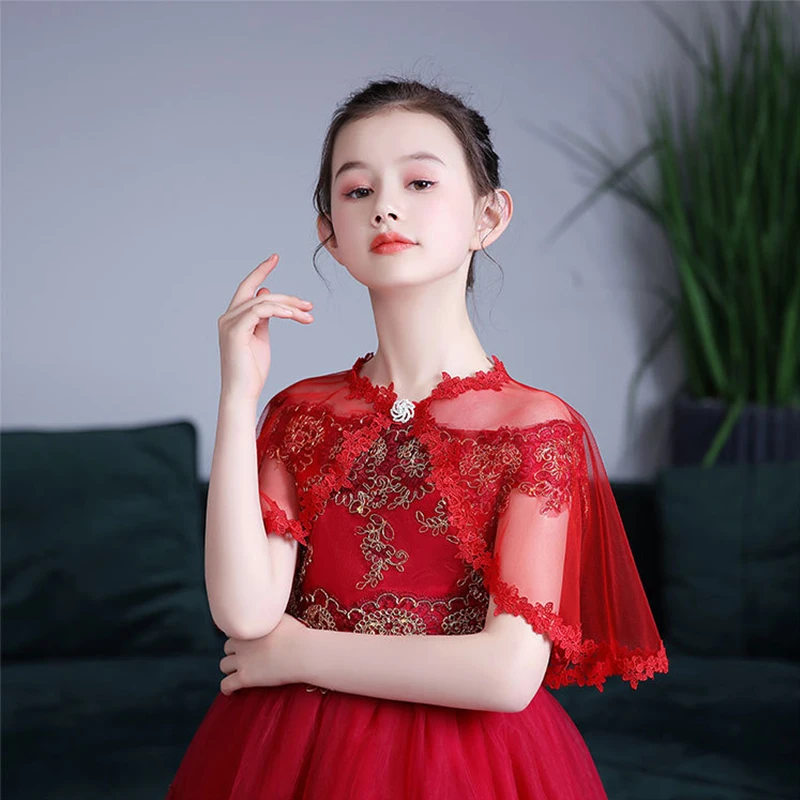 Kids Girls White Red Tulle Mesh Wraps Lace Children Bolero Short Wedding Jacket Summer Shawls Lace Cape Cover Up Over Shoulders