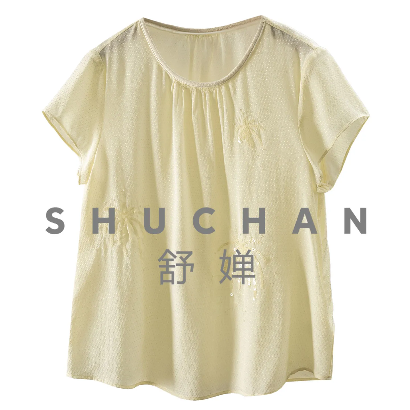 

French Blouse Fine Glitter Beads Polka Dot Jacquard Crew Neck Silk Shirt Women 42G3 Thin Summer Short Sleeve
