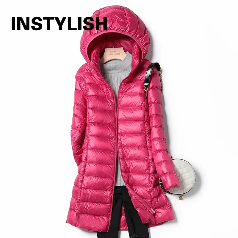 Women Elegant Lightweight Down Coat Casual Solid Slim Long Jacket Korean Harajuku Thin Removable Hooded Padding Puffer Outwear