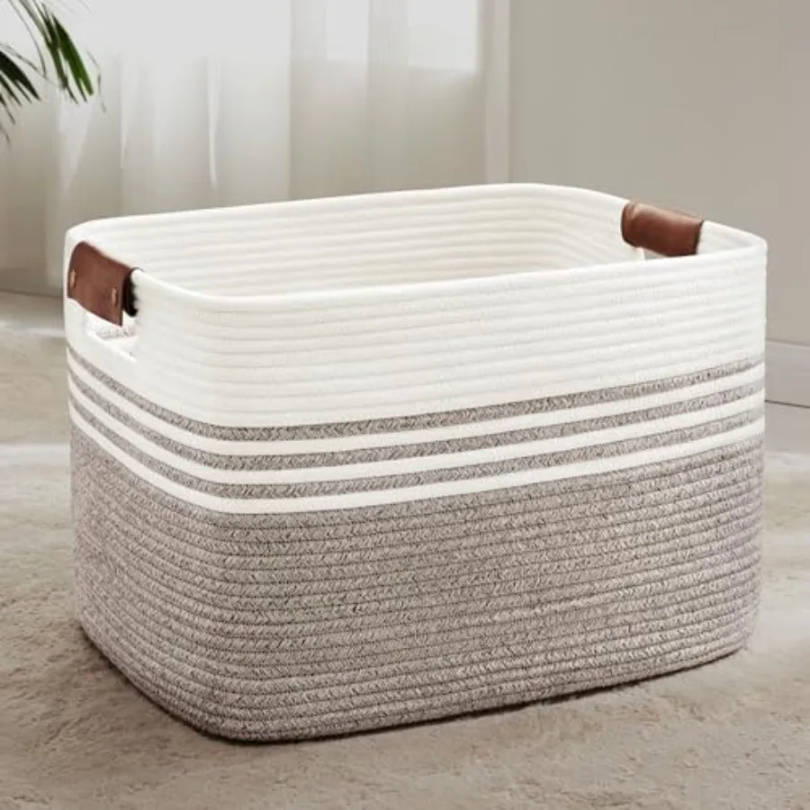 

Очень большая корзина для белья с кожаными ручками для хранения в гостиной, плетеная корзина из веревки для одеял, игрушек, подарков, плетеная корзина-хампер