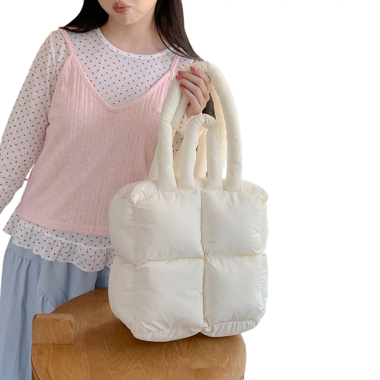 Cute Pink Puffer Tote Bag Women Soft Quilted Shoulder Bag Large Capacity Cloud Pillow Handbag Casual Lightweight Shopping Bags view 6
