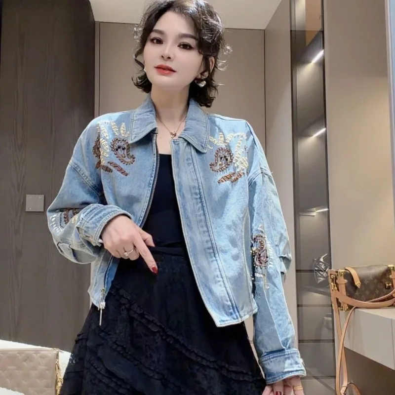 European Station Autumn New Bead Embroidered Denim Jacket Women's Short Thin Age-reducing Design Jacket Temperament Commuting