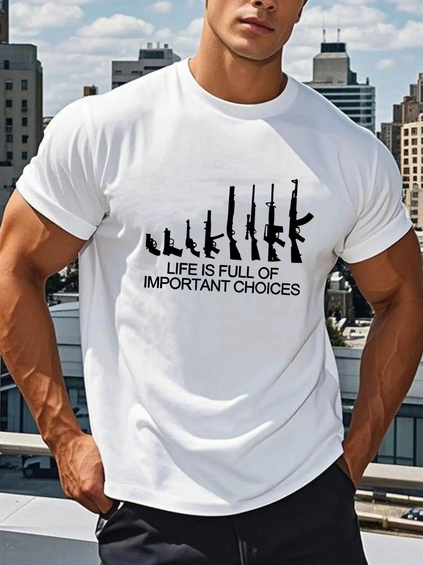 Men Short Sleeve Crew Neck T Shirt Various Gun Silhouette Important Choices Slogan Shooting Theme Casual Cotton Streetwear Tee