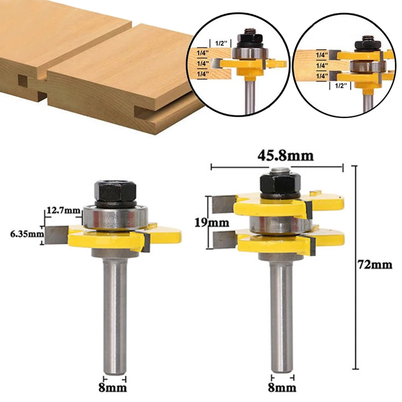 2pcs 8mm Shank 3 Teeth T-shaped Tongue Groove Router Bit Wood Milling Cutter