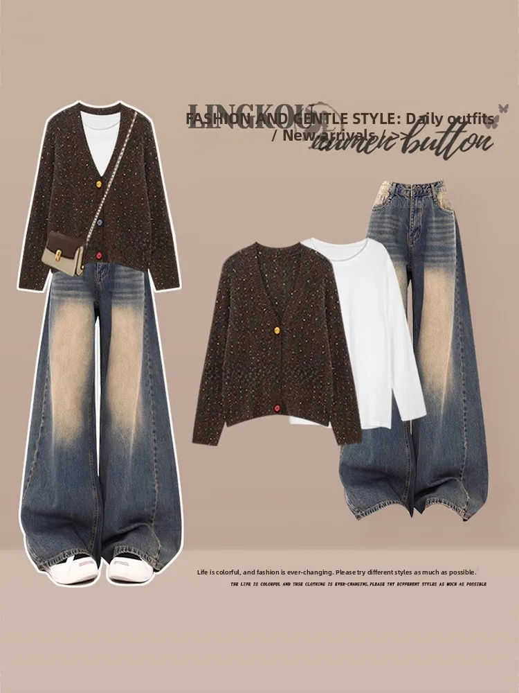 

Fashionable Large Size Autumn Knitted Sweater And Jeans Loose Slimming Women's Set Luxury Style Long Sleeve V-Neck Top
