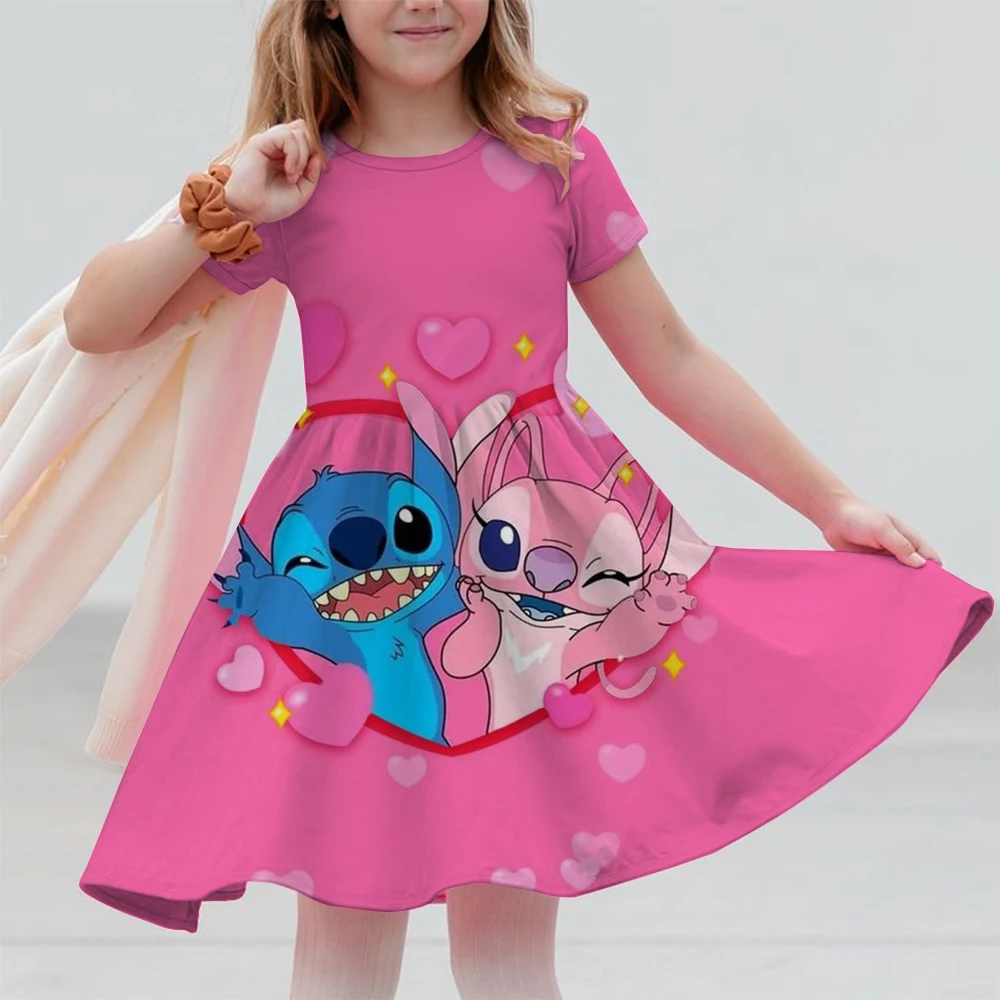 

3-14 year old girl Disney Stitch 3D printed short sleeved dress loose and comfortable party dress kids girls clothes