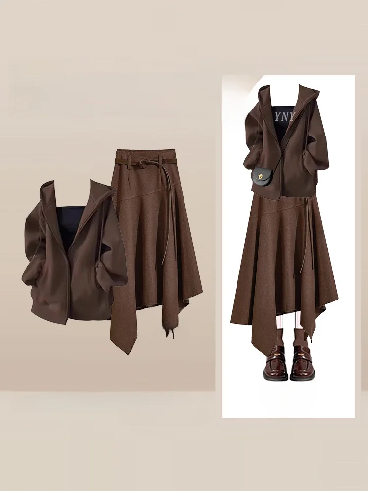 

Коврик в стиле ретро, женская зимняя новая толстовка с капюшоном, асимметричная юбка, антивозрастной комплект из двух предметов, юбка-миди с высокой талией