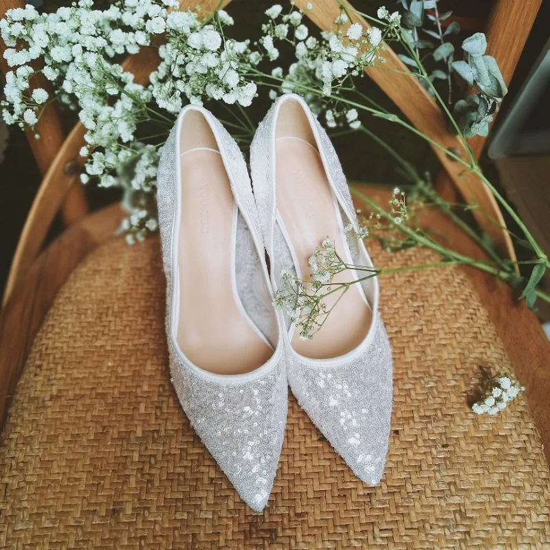 

Spring and summer crystal sequin mesh breathable bridal wedding shoes stiletto banquet dress all-match small size women's sandal