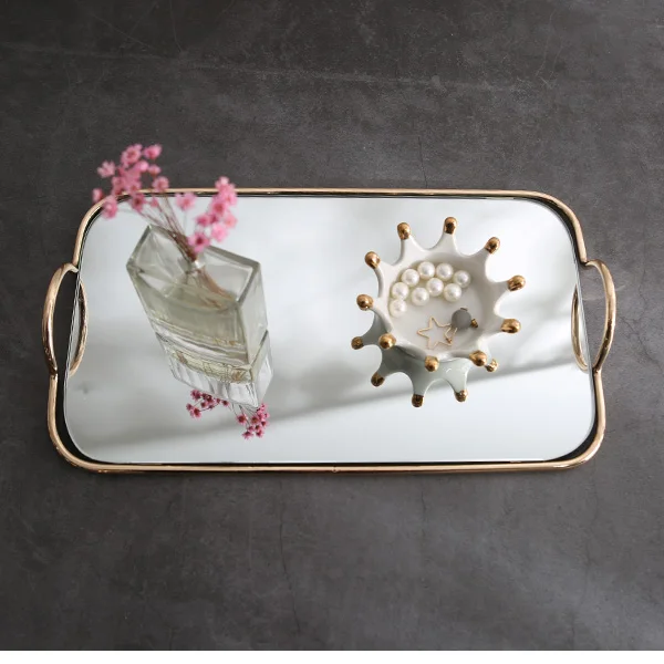 Metal Glass Mirror Storage Tray Gold Oval Dotted Fruit Plate Small Items Jewelry Display 45*30cm/35*20cm