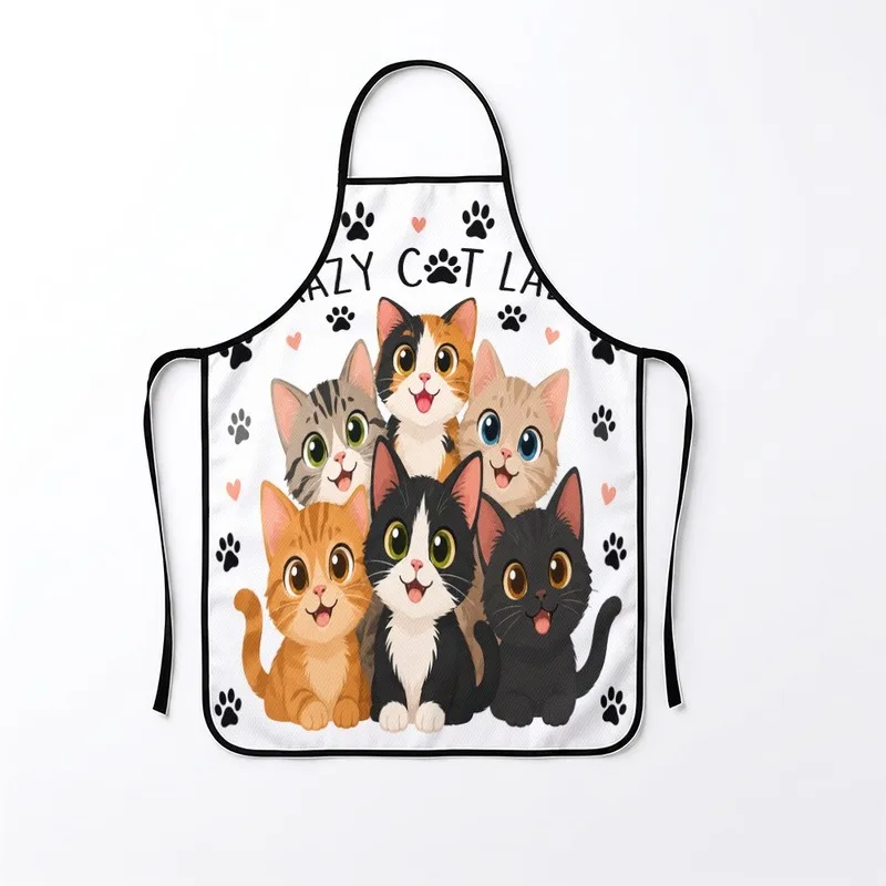 1PC【Apron】2DFlat effect，Printed with a cartoon of a group of cats and paw prints，Fun and Cute，Suitable home kitchen co