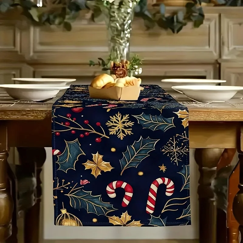 1 festlicher Weihnachts-Tischläufer, Stechpalmenblätter, Zuckerstangen, Beeren, goldene Schneeflocken, Urlaub, Party, Dekoration, Weihnachtstischdekoration
