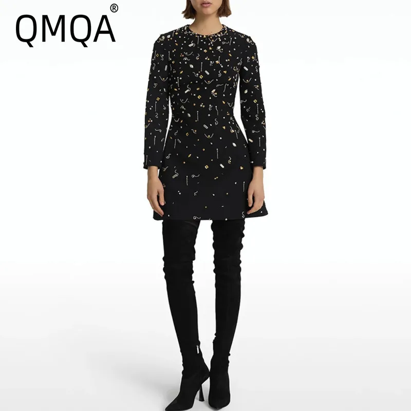 

QMQA Fashion Women's Bead Diamond Spliced Dress Long Sleeved High Waist Designer Mini Dresses 2025 Female New Clothing QM228