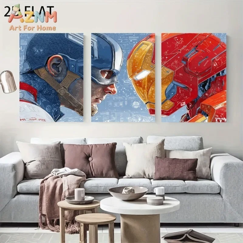 3pcs Captain America Iron Man Superhero Canvas Wall Art Blueprint Face To Face Print Unframed Canvas Painting For Boys Room