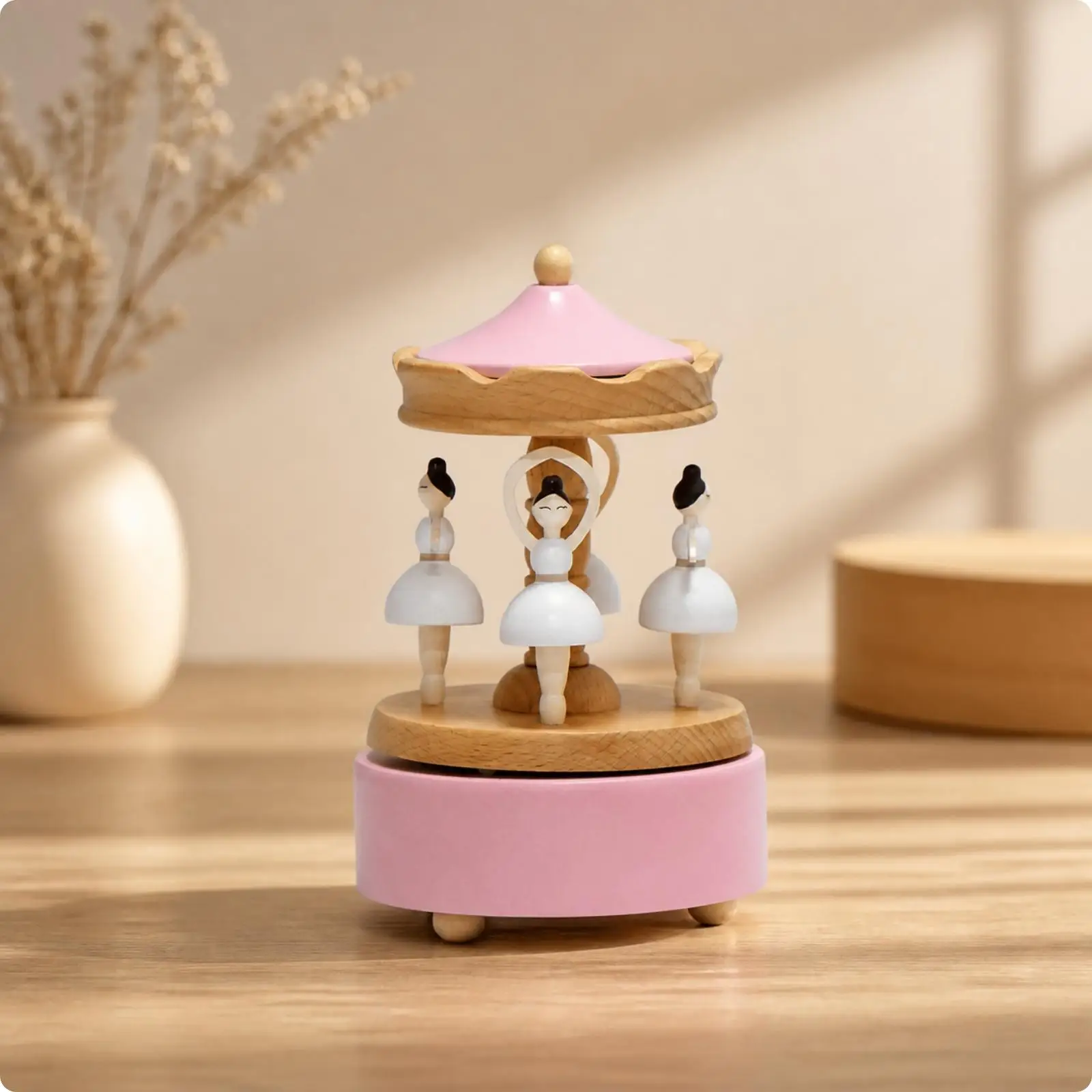 Beech Wood Melody Box with Rotating Ballet Figures Portable for Birthday Gifts
