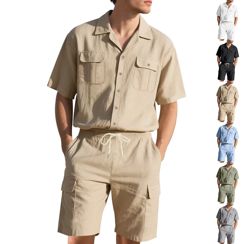 

New Short-sleeved T Shirt Top & Shorts Pants Two-piece Set Solid Color Tooling Sports Casual Loose