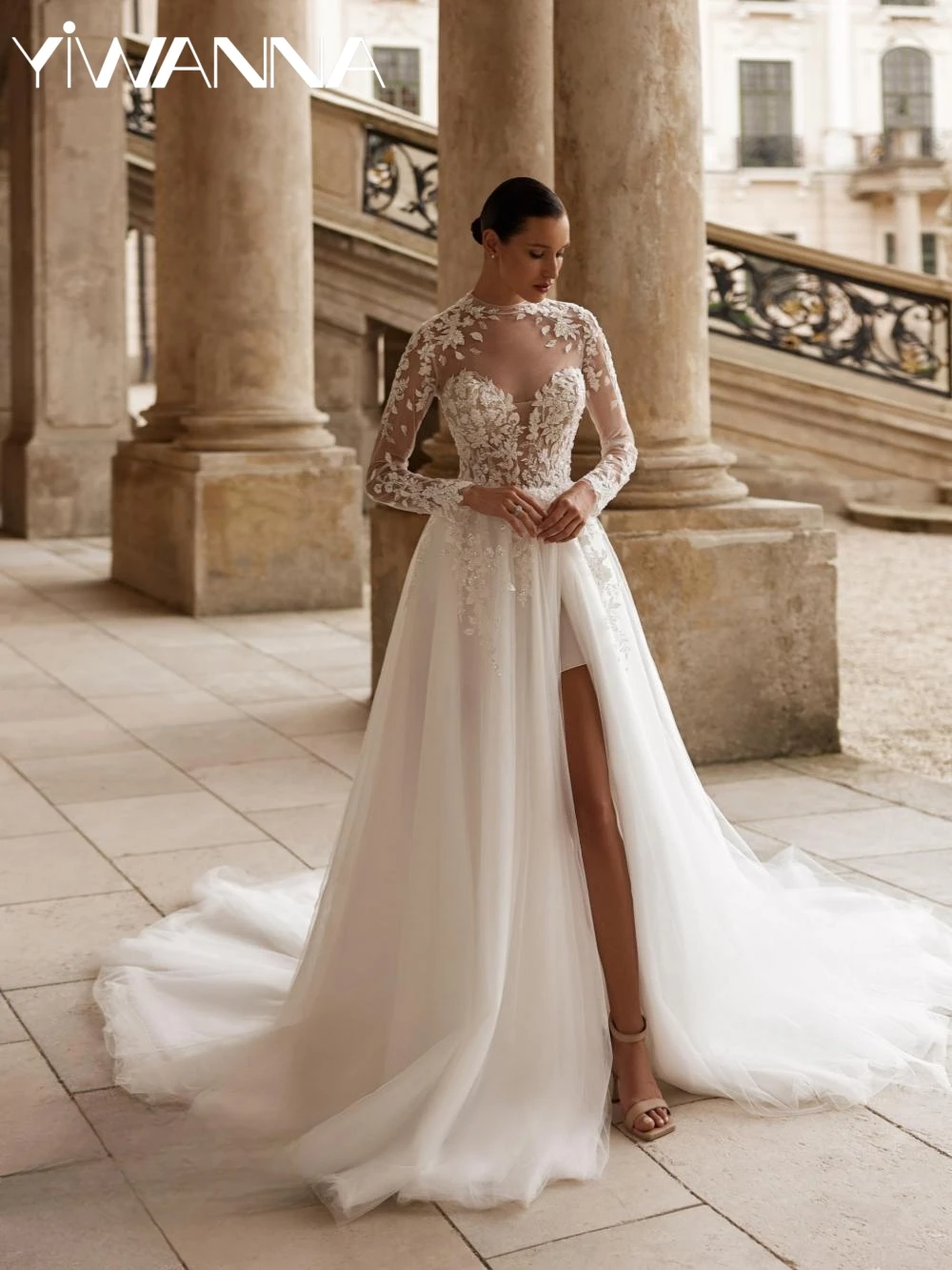 

Dazzling Beaded Lace A-line Long Wedding Dress With Slit Elegant High Collar Bridal Gown Customized Dreamy Dresses For Bride