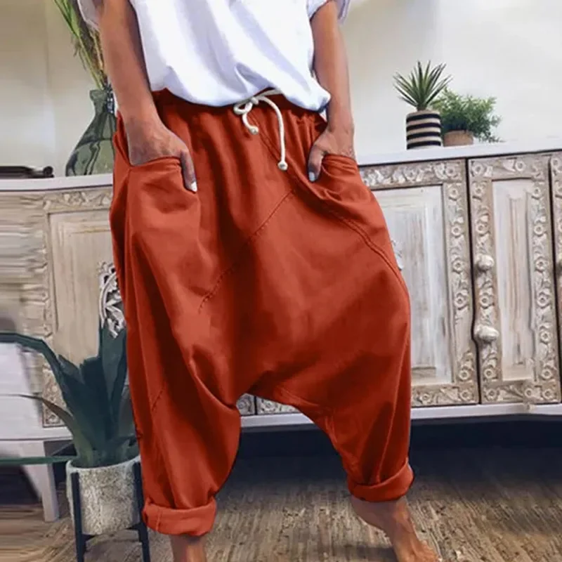 

Women Casual Drawstring Pockets Drop Crotch Baggy Long Trousers Harem Pants Fall Winter Home Lazy Pants Simple Streetwear Ethnic